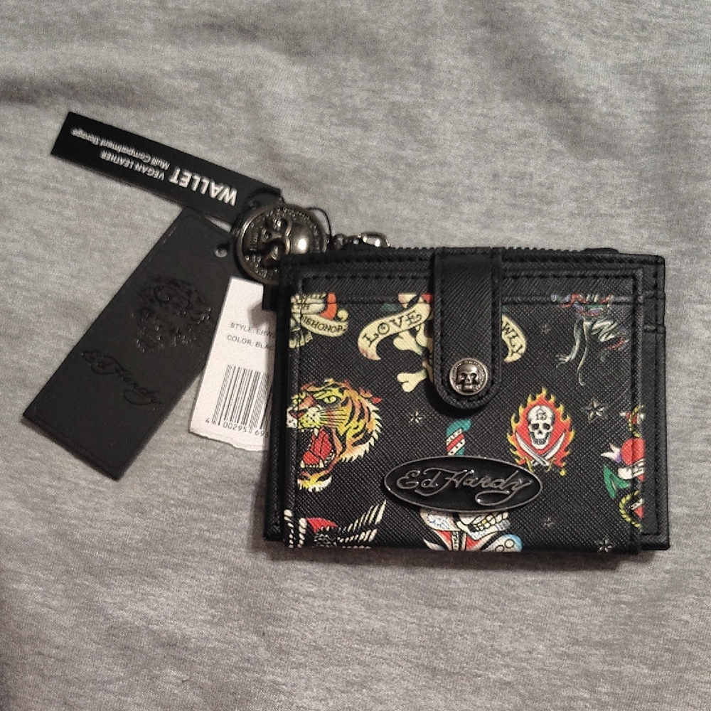 Ed Hardy Black Wallet with Colorful Tattoo Art